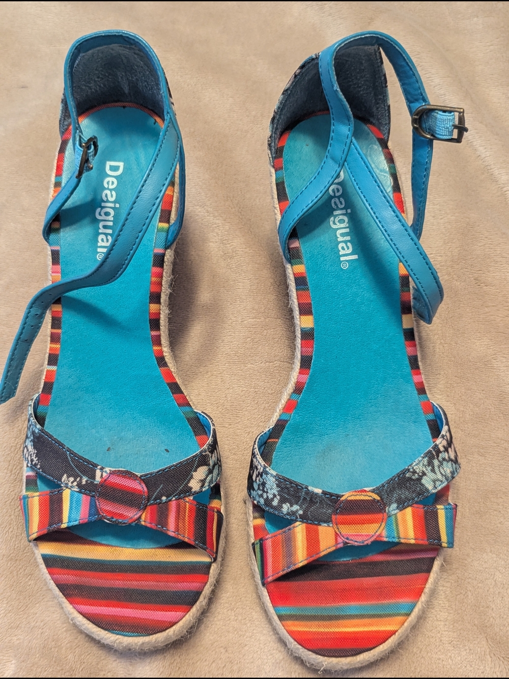 Desigual Turquoise Multicolor Striped Ankle-Strap Sandals